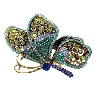 RHINESTONE BUTTERFLY Brooch Pin  Blues, Greens AB GT Filigree Statement BLING